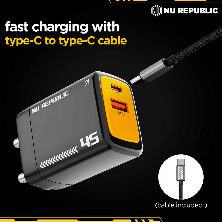 Nu Republic Cybotron 45W Dual Port Gan Superfast Wall Charger, USB & Type C Port, QC PD Technology with Type-C to C Cable, Supports MacBook, Type-C Laptops, iPhone, Samsung, OnePlus etc (Black)