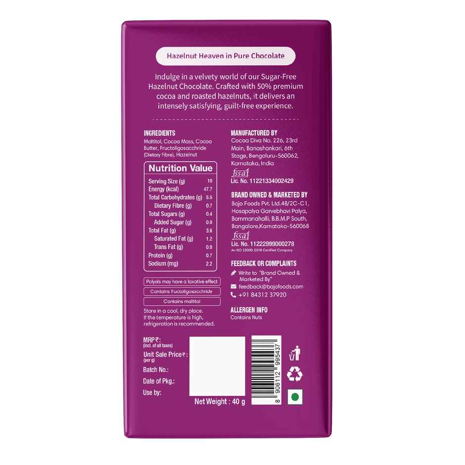 Lo Foods Hazelnut Sugar Free Dark Chocolate Bar | Premium Cocoa Butter Healthy Chocolate