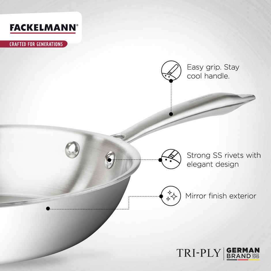 Fackelmann 24 cm Frying Pan, Triply | with Lid | German Quality | Energy-Efficient Fry Pan | Non-Toxic | Even Heating | Ideal for All Cooktops | Hassle-Free Maintenance | 5 Year Warranty