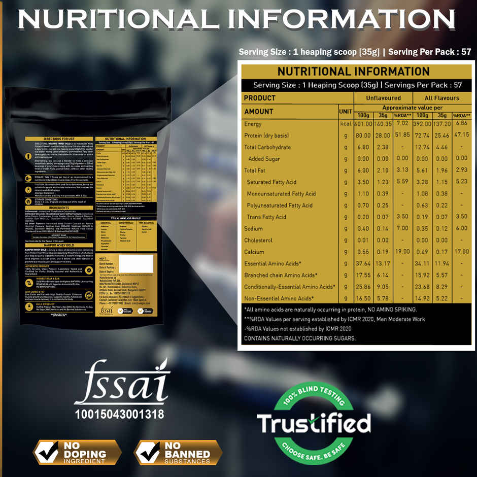 Nakpro Gold Whey Protein Concentrate 80% 2Kg Unflavoured 28G Protein 6.2G Bcaa