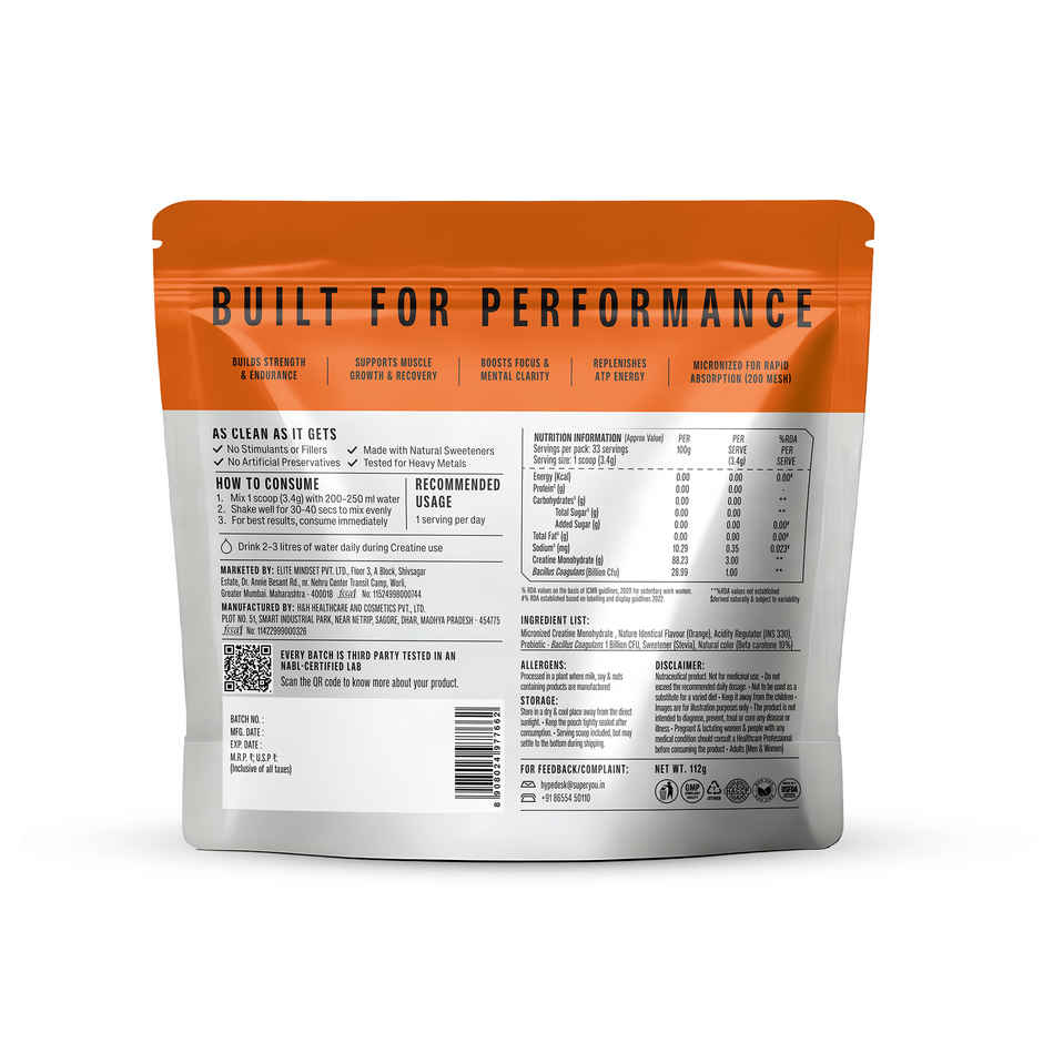 SuperYou Pro Micronised Creatine Monohydrate Kick | 33 Servings | Orange