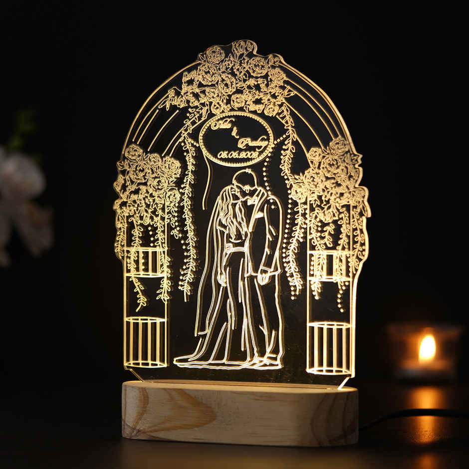 Golden Pattern Night Table Lamp Wooden Base Decor Light | eCraftIndia