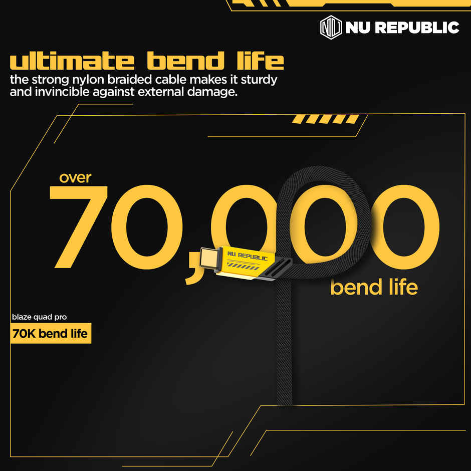 Nu Republic Blaze Fusion 120W 1.2 M Type-C To Type-C Fast Charge Carbon Fibre Texture Braided Cable (Compatible With Mobile, Tablet, Laptop, Speakers)1.2M - Yellow & Black