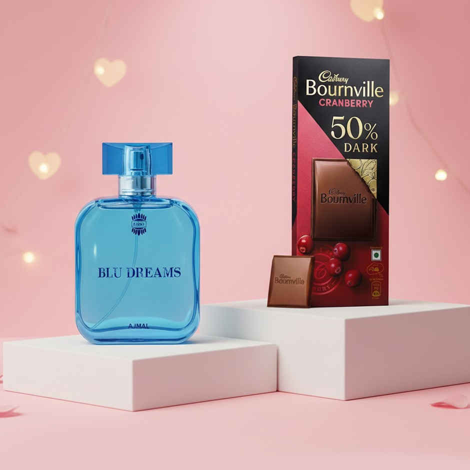 Ajmal Blu Dreams Eau De Parfum For Men (100ml) & Cadbury Bournville Cranberry 50% Dark Chocolate Bar (78g) Combo