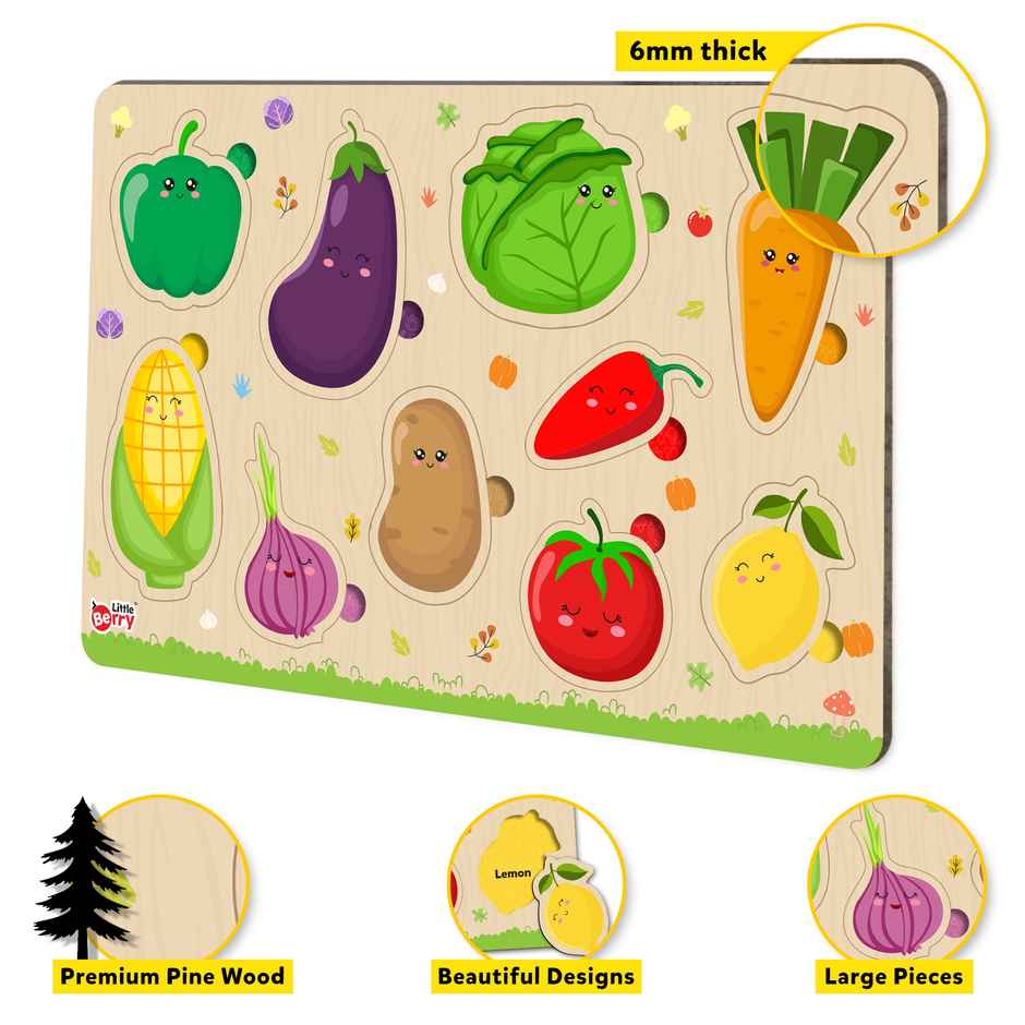 Little Berry Vegetables Wooden Knob Puzzle Board For Kids With Pictures - Lb57