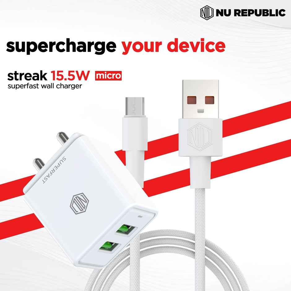 Nu Republic 15.5W Dual USB Port Superfast Charger Multiport Adapter + Cable, Micro USB to USBA - White