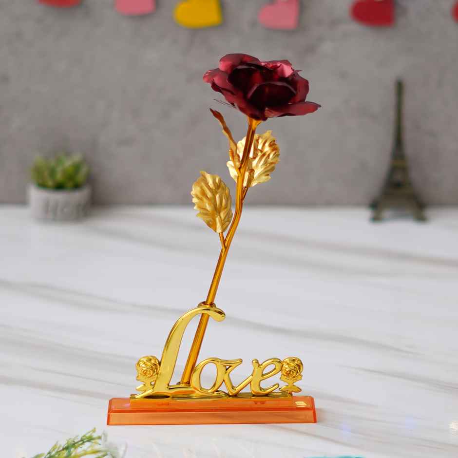 Golden Red Rose Flower with Love Showpiece | Valentine's Day Gift | EcraftIndia