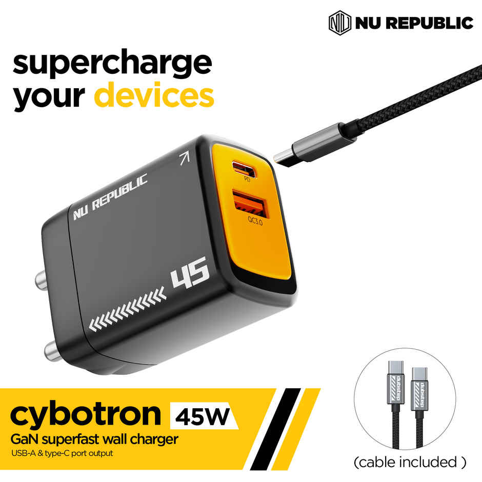 Nu Republic Cybotron 45W Dual Port Gan Superfast Wall Charger, USB & Type C Port, QC PD Technology with Type-C to C Cable, Supports MacBook, Type-C Laptops, iPhone, Samsung, OnePlus etc (Black)