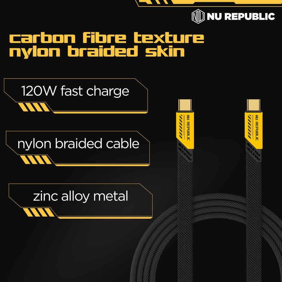 Nu Republic Blaze Fusion 120W 1.2 M Type-C To Type-C Fast Charge Carbon Fibre Texture Braided Cable (Compatible With Mobile, Tablet, Laptop, Speakers)1.2M - Yellow & Black