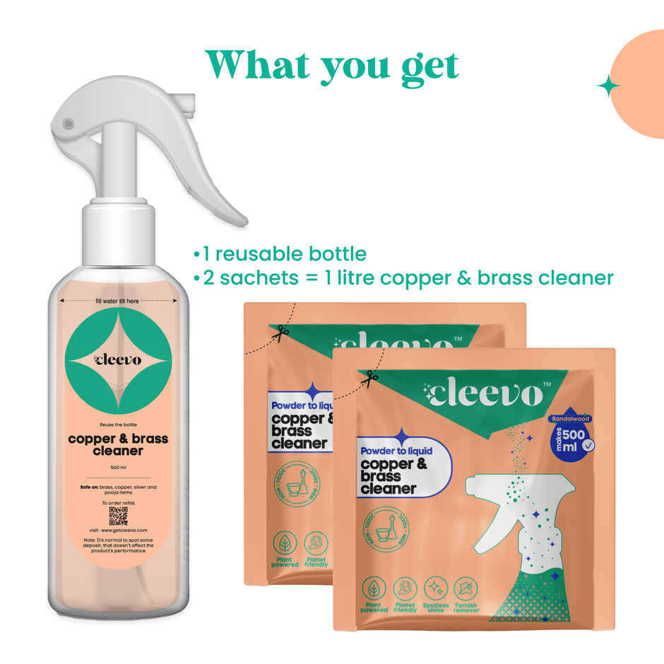 Cleevo Natural Copper Brass & Silver Cleaning Spray Pack Powder To Liquid (1l) & Cleevo Natural Dishwash Liquid Pack Non-Toxic Eco-Friendly Powder To Liquid Lime (2l) Combo