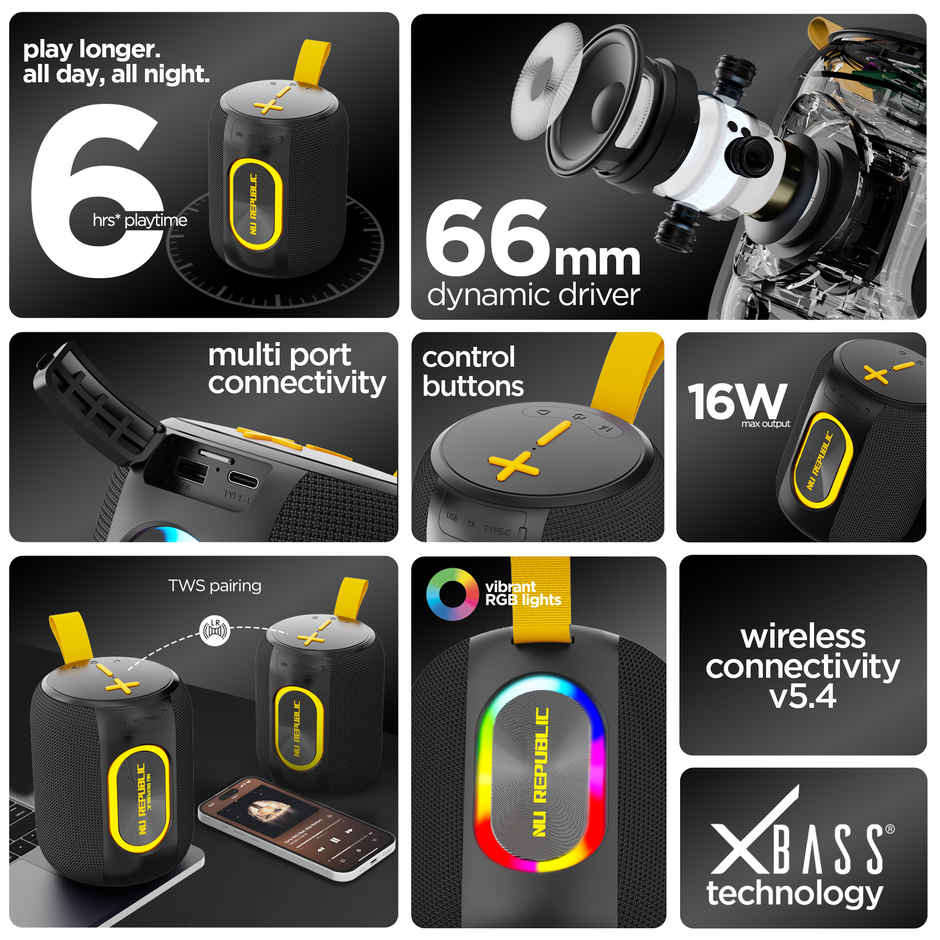 Nu Republic Sonicpop 2000 Wireless Speaker | 14 Hr Playtime | 66 mm Drivers | RGB Lights | Black