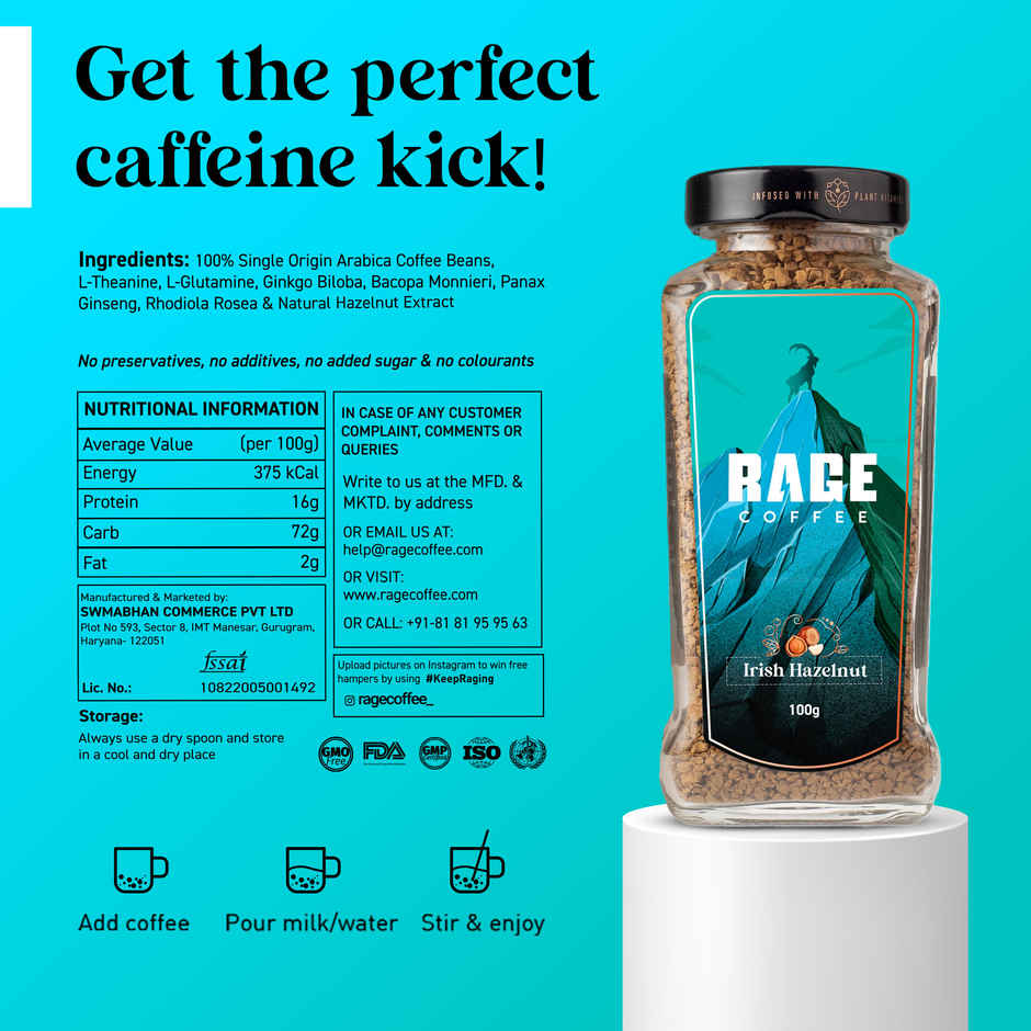 Rage Coffee Irish Hazelnut Flavour Premium Arabica Medium Roast Organic Instant Coffee