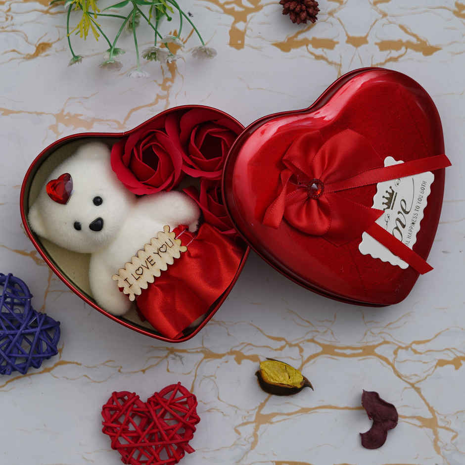 Heart Shape Gift Box with Teddy and Roses Combo Set | eCraftIndia