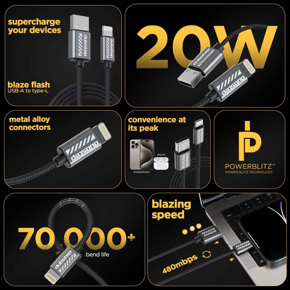 Dubstep Blaze Flash 20W 1.25M Usb A To Lightning Cable (Grey)