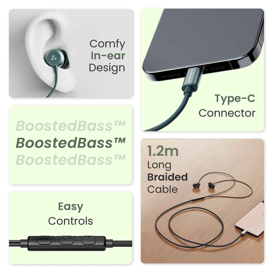 Ambrane Type C Wired Earphones With In-Line Mic, 10Mm Drivers, Control Buttons (Stringz 38C, Black)