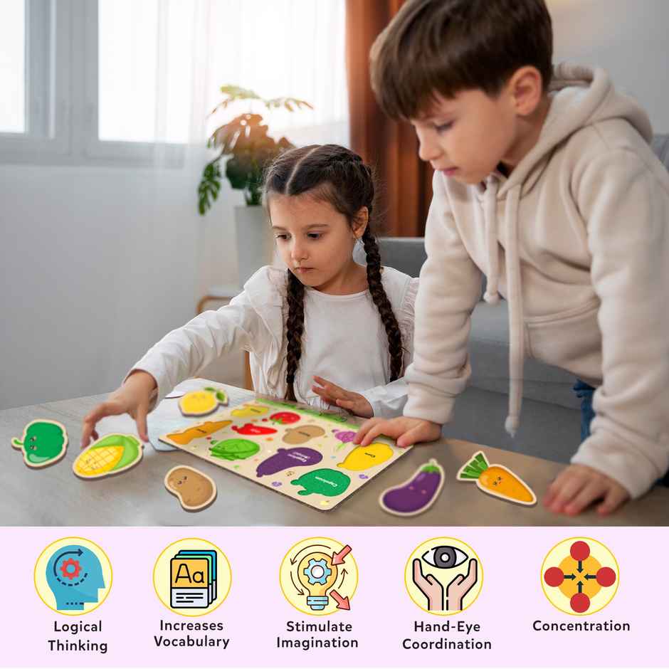 Little Berry Vegetables Wooden Knob Puzzle Board For Kids With Pictures - Lb57