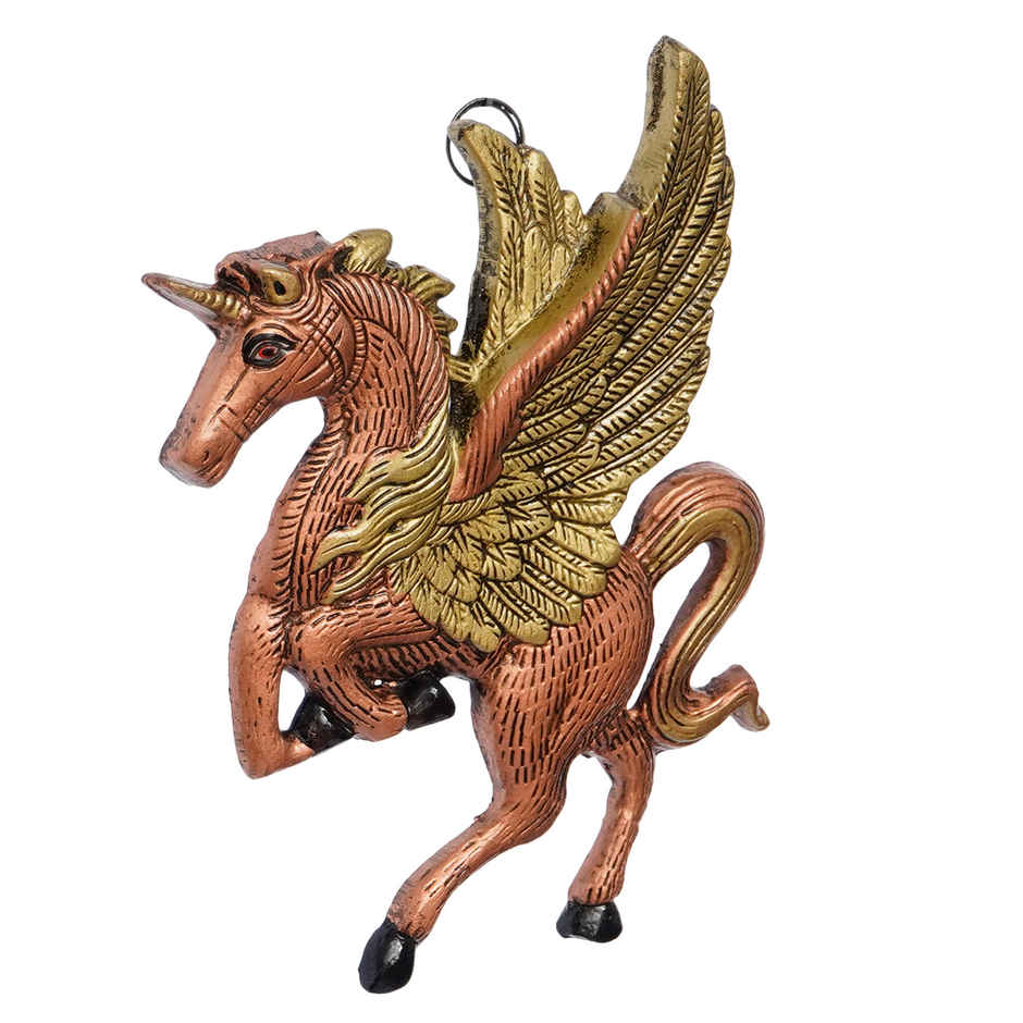 eCraftIndia Golden and Brown Metal Flying Horse Animal Wall Hanging Decorative Showpiece