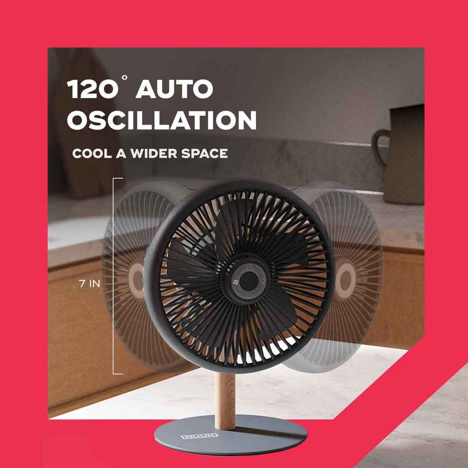 Nuuk Lit BLDC Table Fan, 7 Inch, Rechargeable,Mood Light & Remote Control,4 Wind Modes,Serene Grey