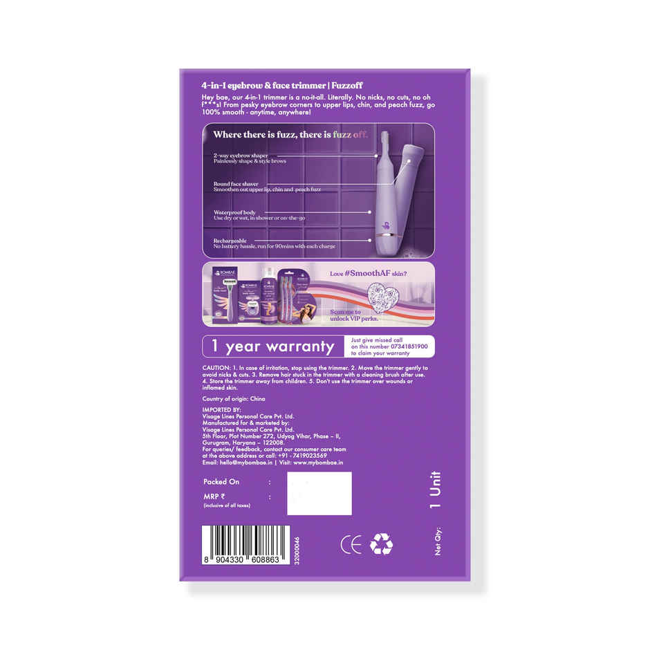 Bombae 4-In-1 Facial Hair Remover, Painless Eyebrow & Face Trimmer | Fuzzoff