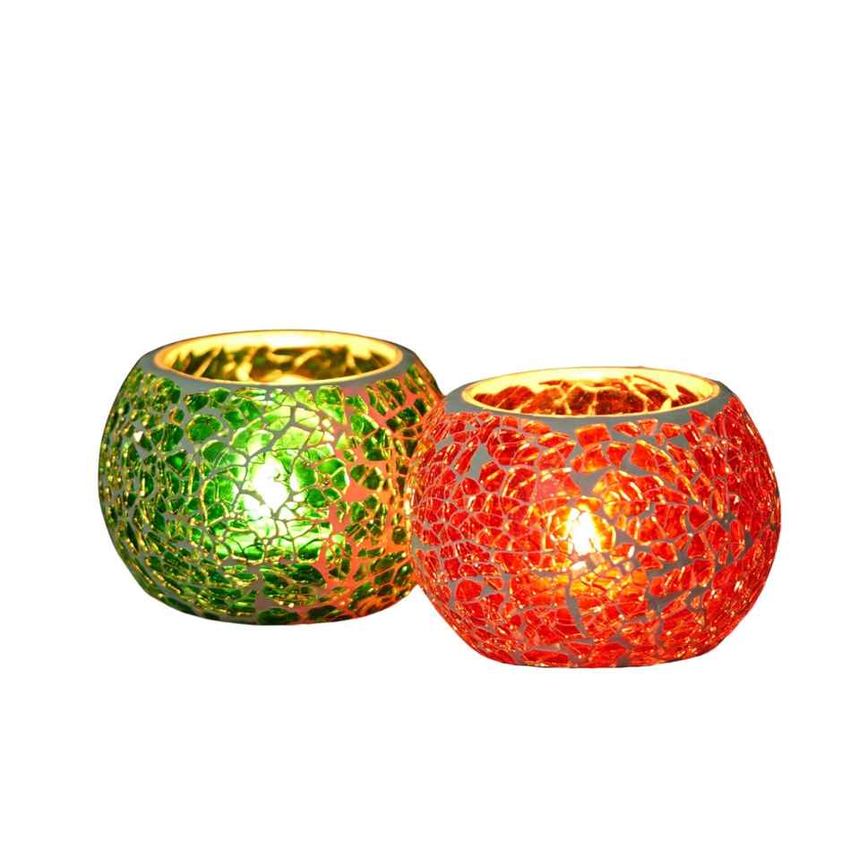 eCraftIndia Red & Green Set of 2 Mosiac Glass Decorative Tea Light Holder/diya