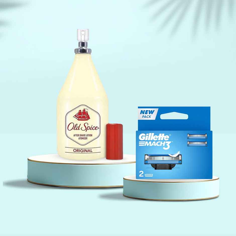 Old Spice Original Atomizer After Shave Lotion (150ml) & Gillette Mach 3 Shaving Razor Blades For Men (2 Cartridges) (2pc) Combo