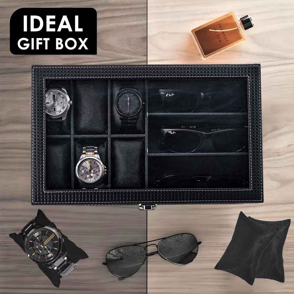 Kuber Industries Premium Faux Leather 6+3 Slots Watch Organizer | Sunglasses& Watch Storage | Black