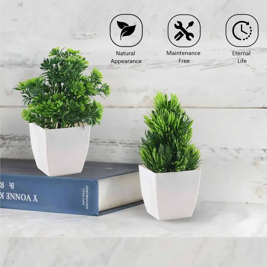 Kuber Industries 8 Pcs Set Plastic Mini Artificial Plants with Pot | Deko Square - White