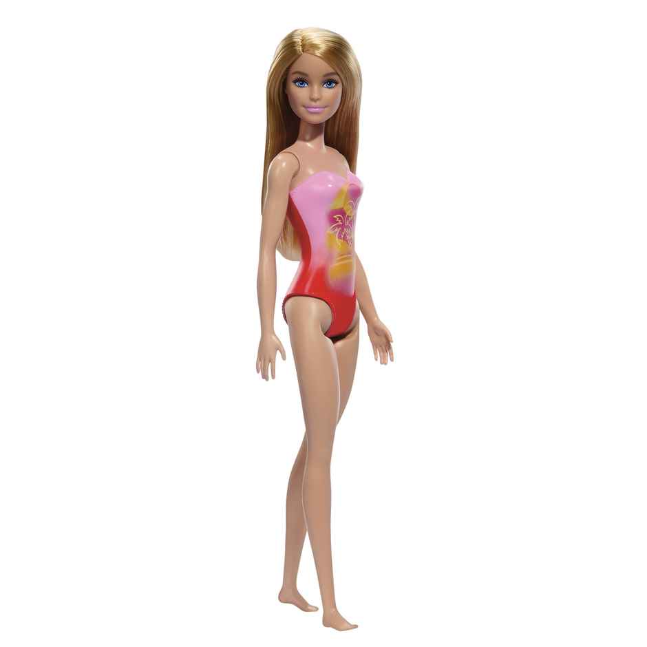 Mattel Barbie Beach Doll with Blond Hair, Pink One-Piece Swimsuit with Palm Tree Print