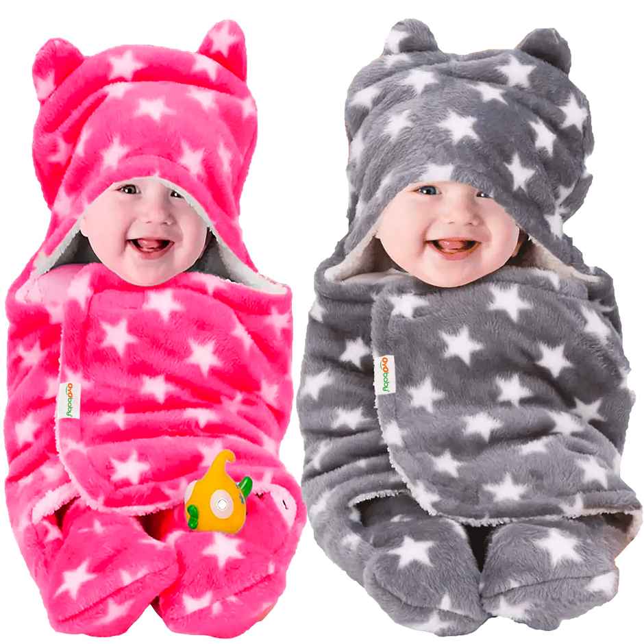Oyo Baby Hooded Blanket Wrapper - Star Pink & Blue 0-6 Months