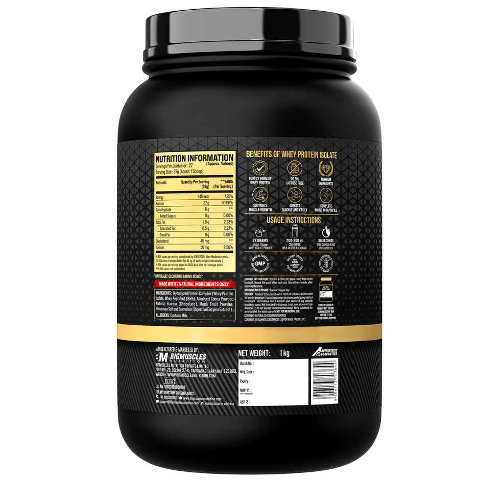Big Muscles Nutrition Gold Whey Isolate 7 Natural Ingredients Zero Sugar | Dutch Chocolate