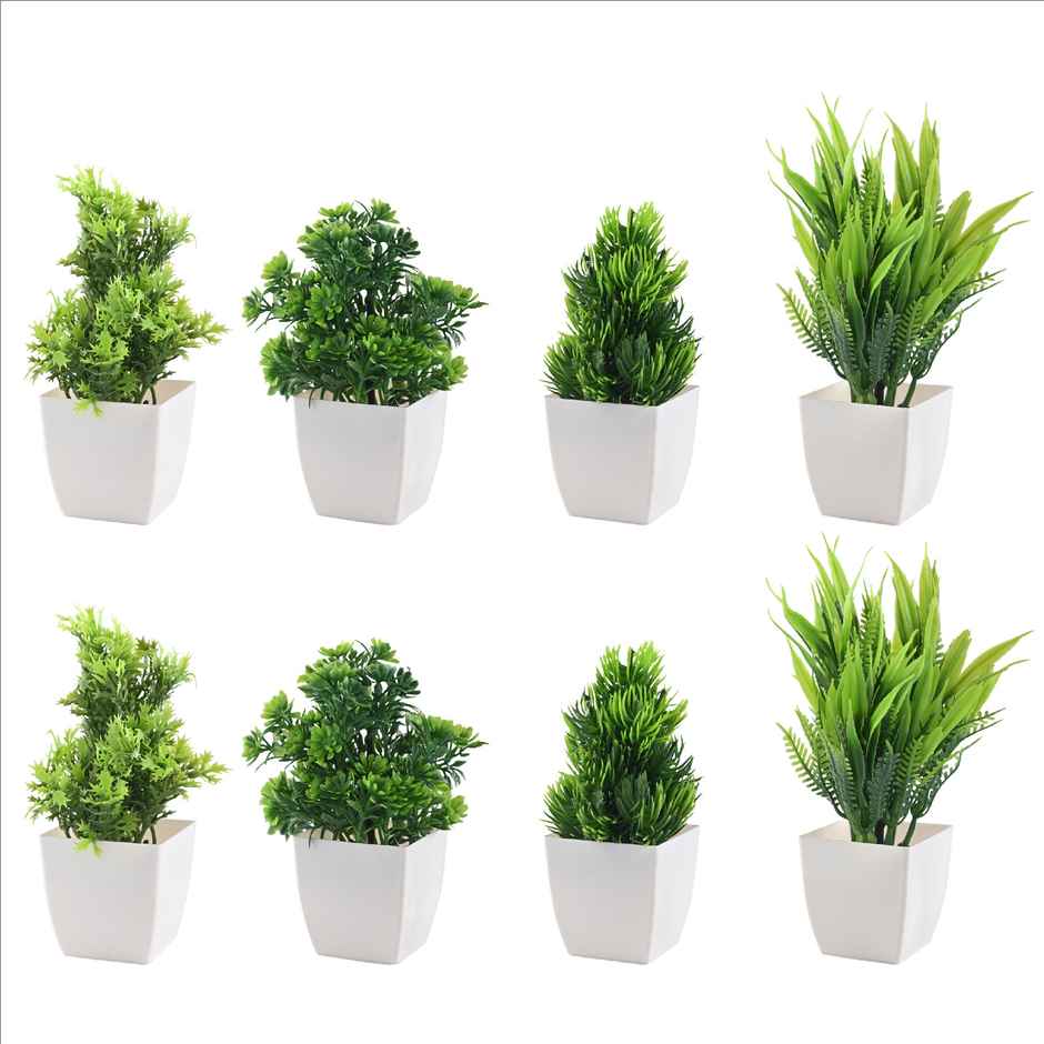 Kuber Industries 8 Pcs Set Plastic Mini Artificial Plants with Pot | Deko Square - White