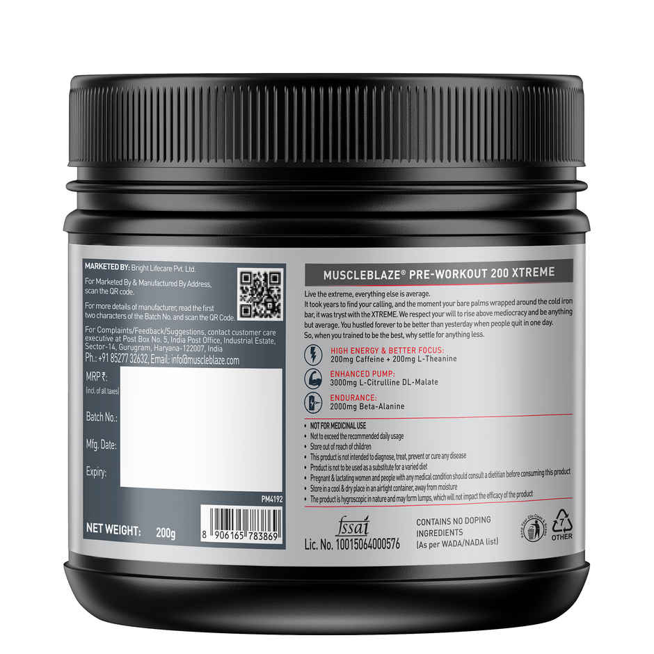MuscleBlaze Pre Workout 200 Xtreme, (Berry Bolt, 30 Servings)