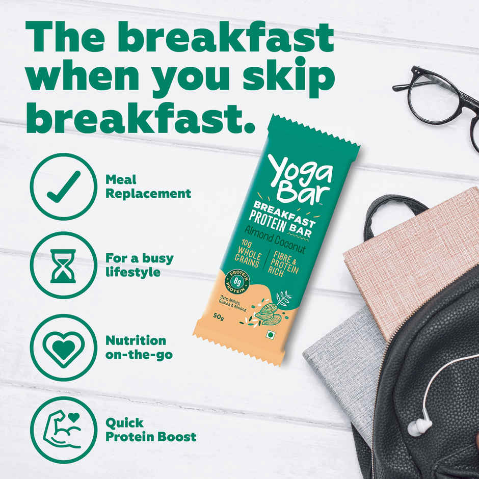 Yogabar Almond Coconut Breakfast Bar 50g, Fibre & Protein Rich Healthy Granola Bar