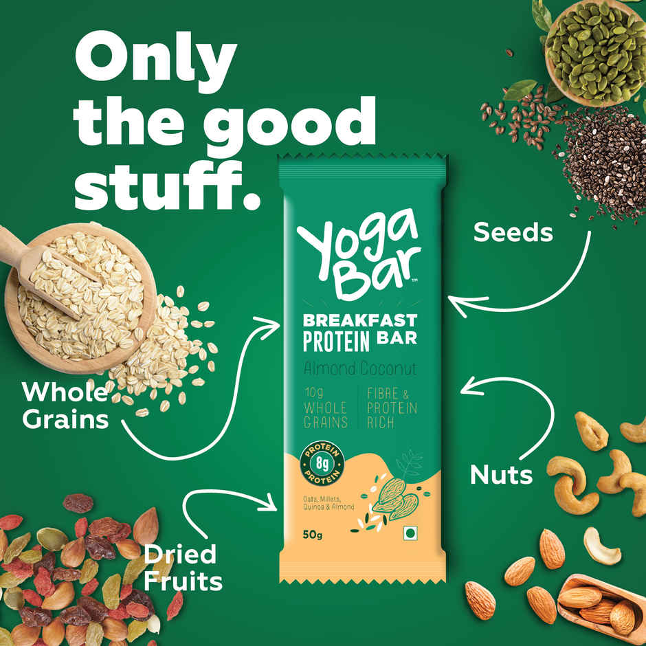 Yogabar Almond Coconut Breakfast Bar 50g, Fibre & Protein Rich Healthy Granola Bar