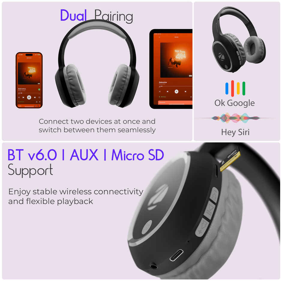 ZEBRONICS THUNDER Bluetooth 5.3 Wireless Headphones with 60H Backup, Gaming Mode, Dual Pairing, ENC, AUX, Micro SD, Voice assistant, Comfortable Earcups, Call Function - Black