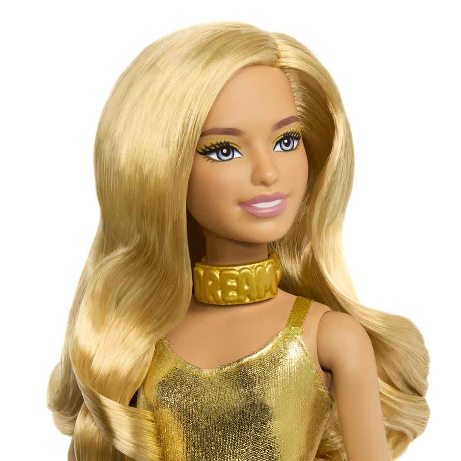 Barbie Fashionistas Doll | Petite Body Type With Blonde Wavy Hair |Golden Jumpsuit and Accessories