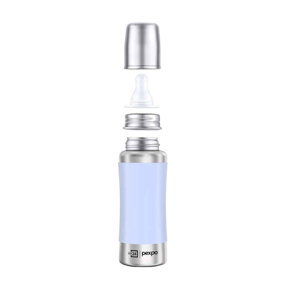 Go24 | Pexpo Jack & Jill Stainless Steel Baby Feeding Bottle Leak Proof | Blue - 250 ml