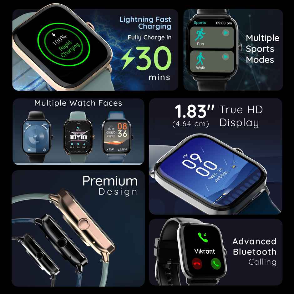 Pebble Ultra Rapid Smartwatch | 1.83 in HD Display, BT Calling, Fast Charge & Metal Build
