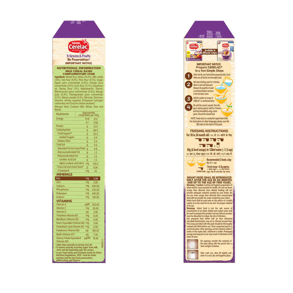 Nestle Cerelac 5 Grains & Fruits Baby Food Cereal, No Preservatives, 18 to 24 Months Baby