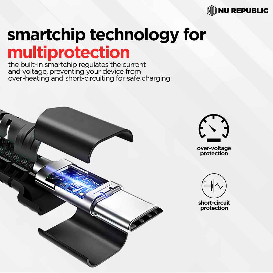 Nu Republic Blaze Ultra Type-C 3.5Amp Fast Charging Tangle Free Sturdy 100 cm Cable for Smartphones, Tablets & Other Type-C Devices with 480 Mbps Data Transmission - Black