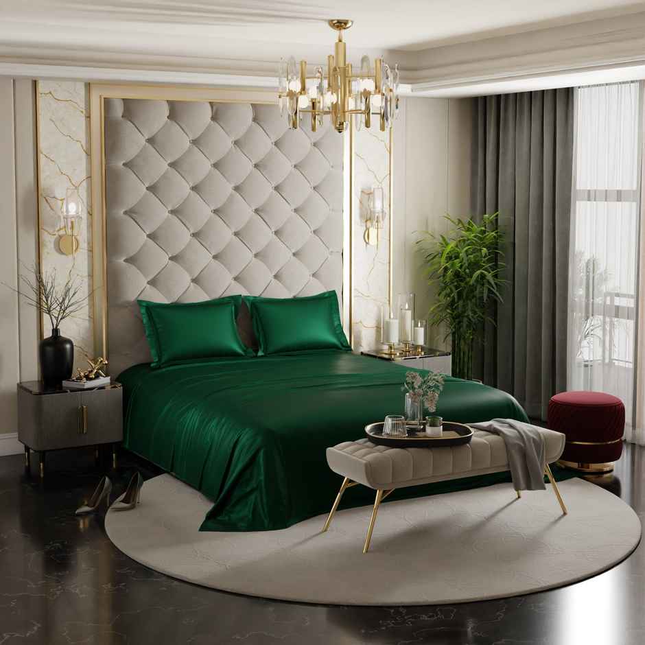 Stoa Paris Emerald Green Flat Bedsheet Set - Double - 2 Pillow Covers