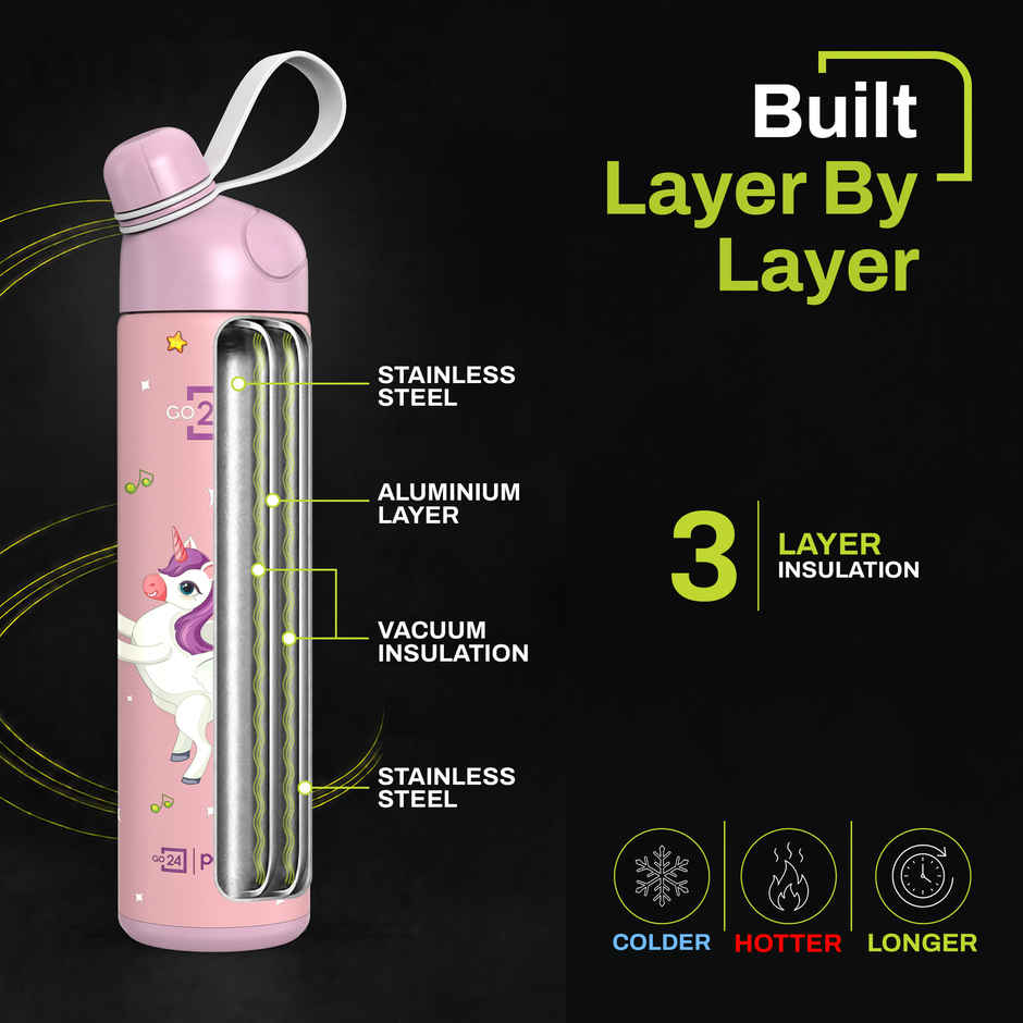 Go24 | Pexpo Stainless Steel Pico Cute Sipper Hot & Cold Water Bottle | Unicorn UV Printed | Pink | 500 ml