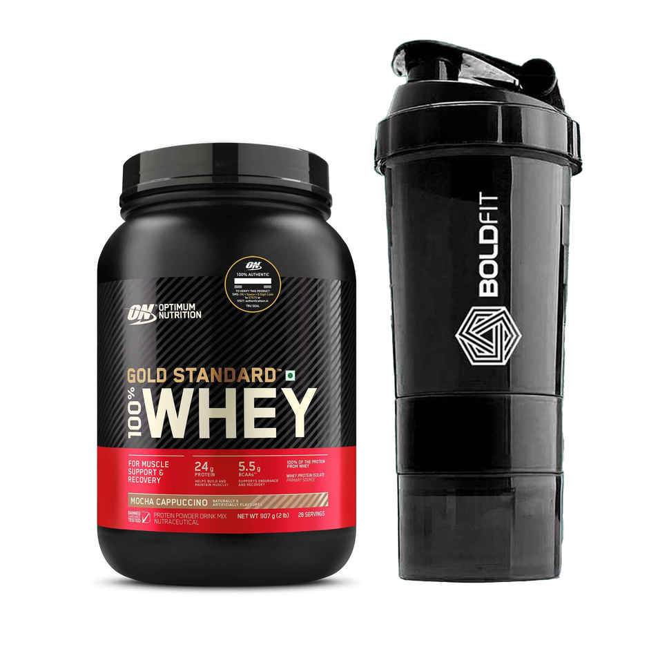 Optimum Nutrition Gold Standard Complete Whey Protein Powder - Mocha Cappuccino (907g) & Boldfit Spider Gym Shaker Bottle (1pc) Combo