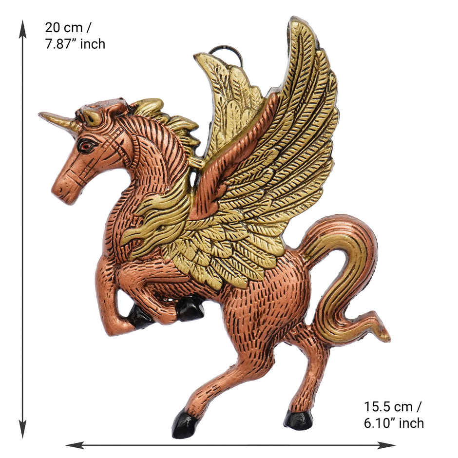 eCraftIndia Golden and Brown Metal Flying Horse Animal Wall Hanging Decorative Showpiece