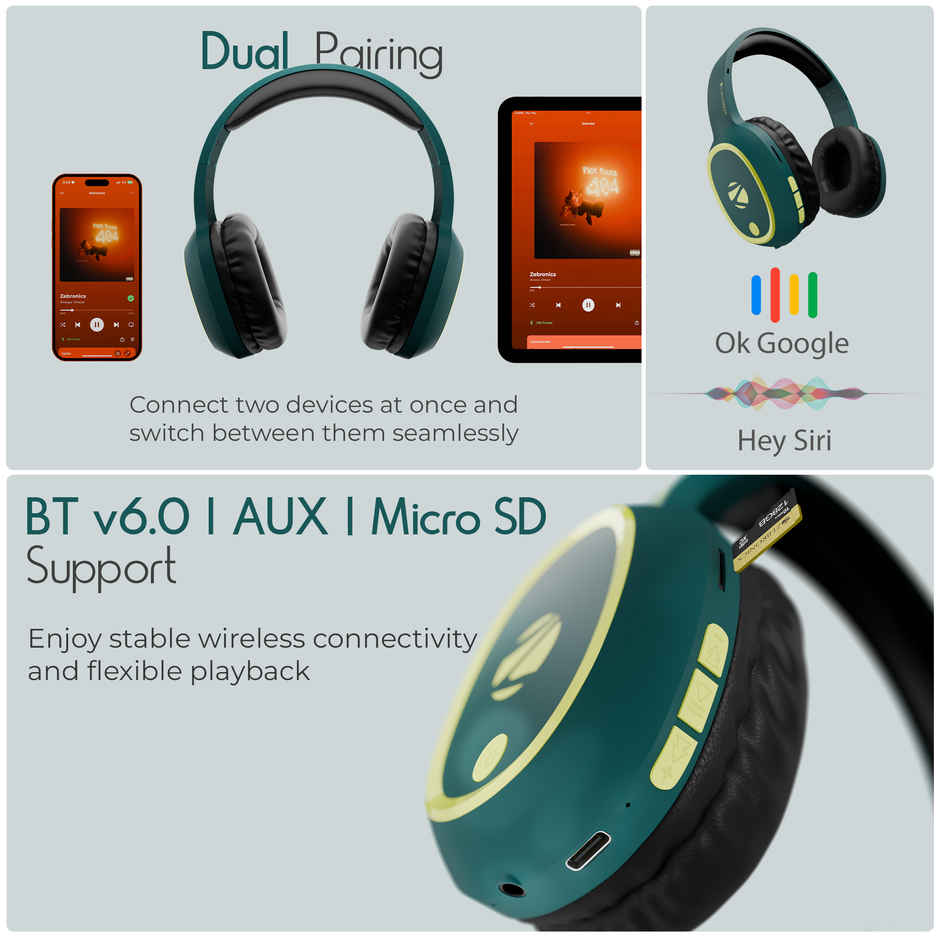 Zebronics Thunder BT 5.3 Headphone, 60H, Gaming Mode, Dual Pairing ENC, AUX, Voice Asst Teal Green