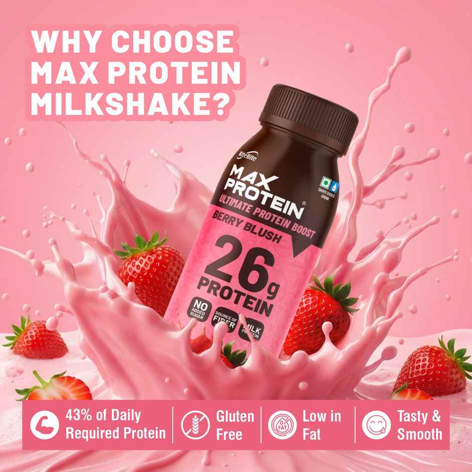 Ritebite Max Protein Berry Blush 26G Protein Milkshake (250ml) & Ritebite Max Protein Peri Peri 10 G Multigrain Protein Chips, Healthy Snacks & Munchies (60g) & Ritebite Max Protein Cookie Choco Chips, No Maida Multigrain Premium Biscuit Cookies (55g) Combo