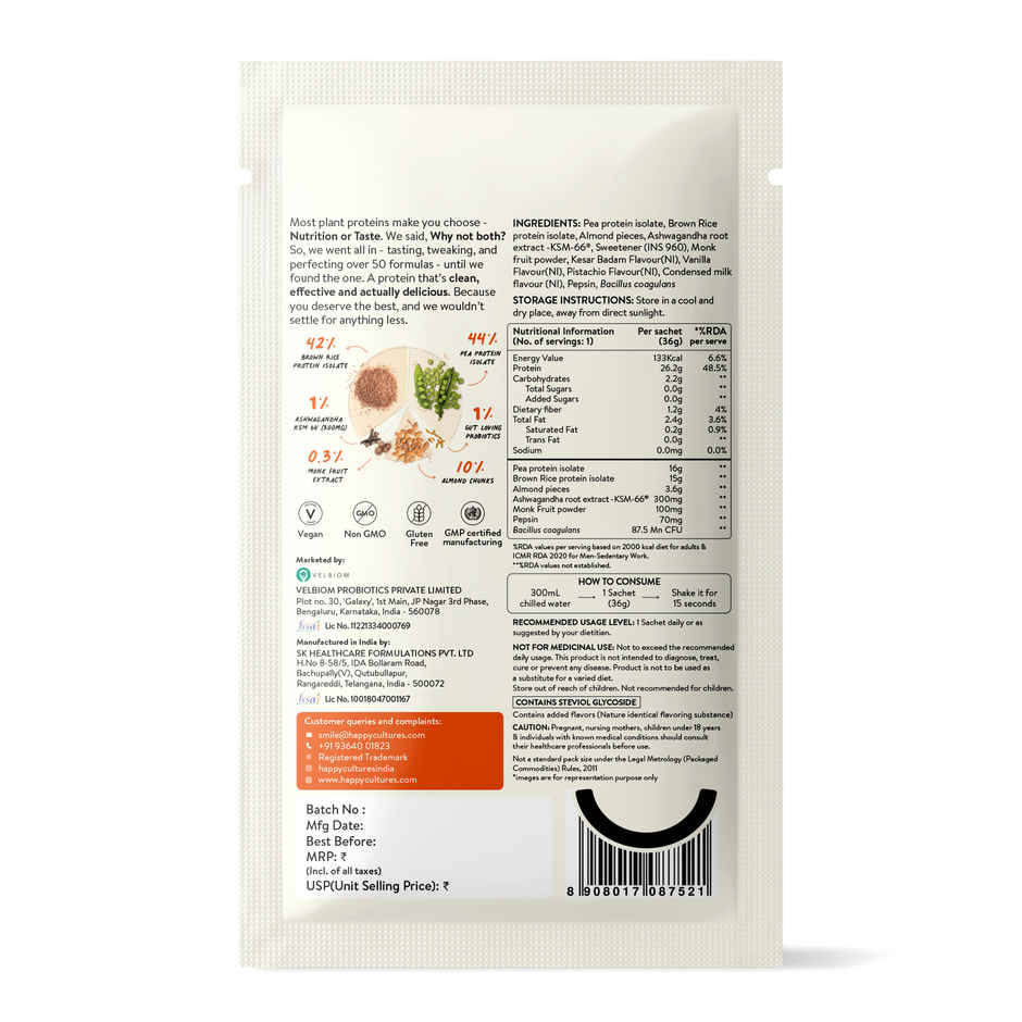 Happy Cultures 26g PlantProtein|KesarBadam Pista|Pea & Brown Rice Protein Isolate