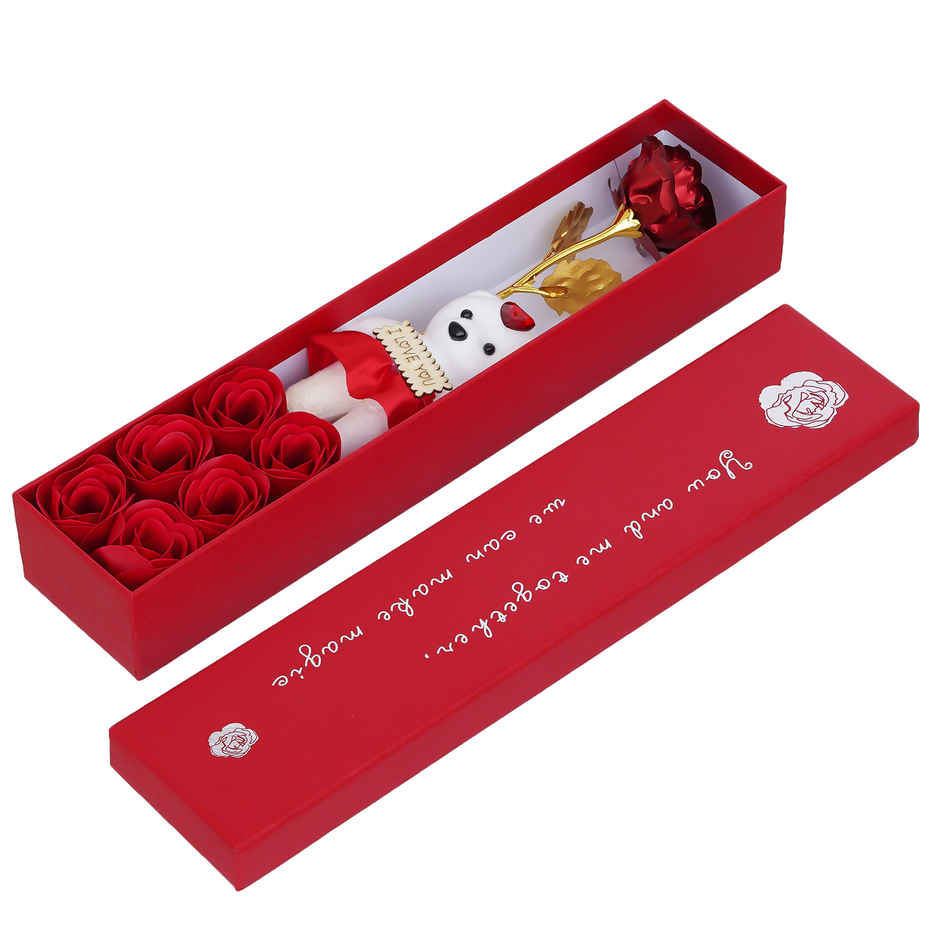 eCraftIndia Red Valentine's Day Gift Box with Teddy, Rose Showpiece, and 6 Flowers