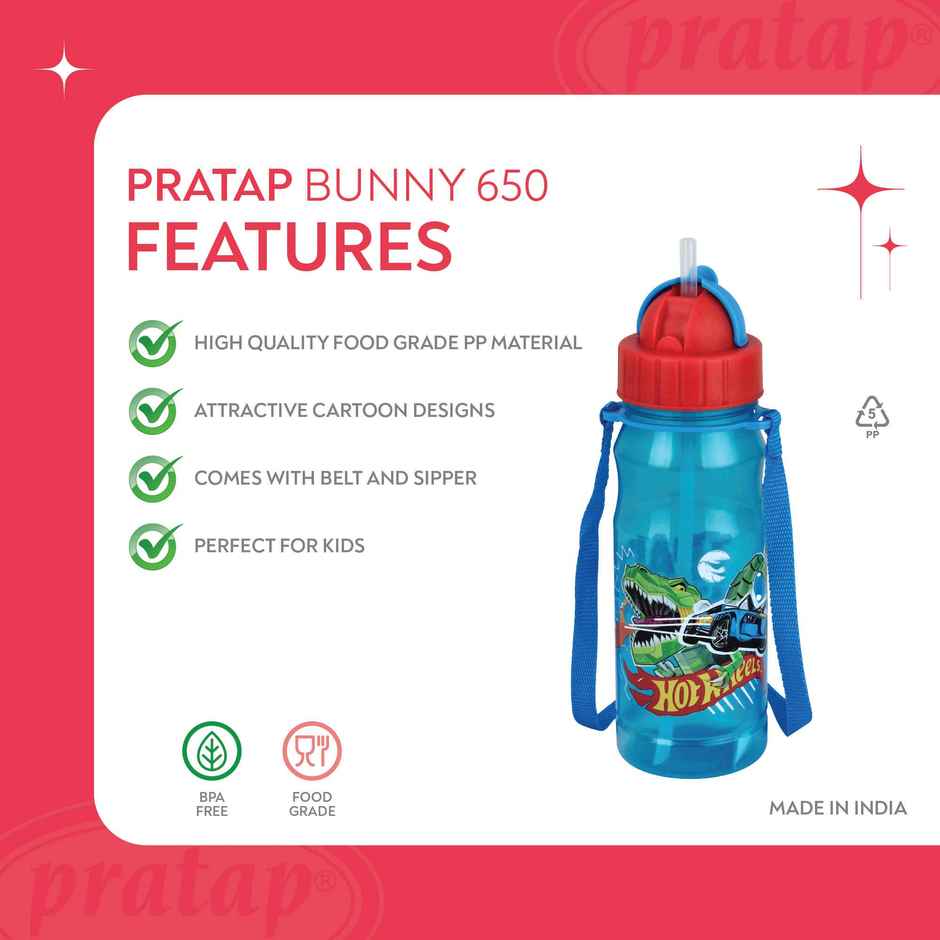 Hotwheels Bunny 650 ml Kids , BPA Free Water Bottle with Sipper | PRATAP