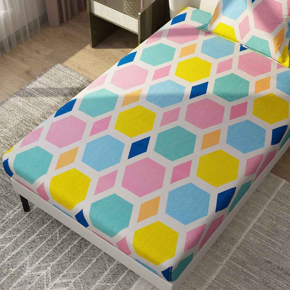 Dream Care Single Velvet Vista Geometric Bedsheet | With 1 Pillow | Multicolor | 88 x 60 in